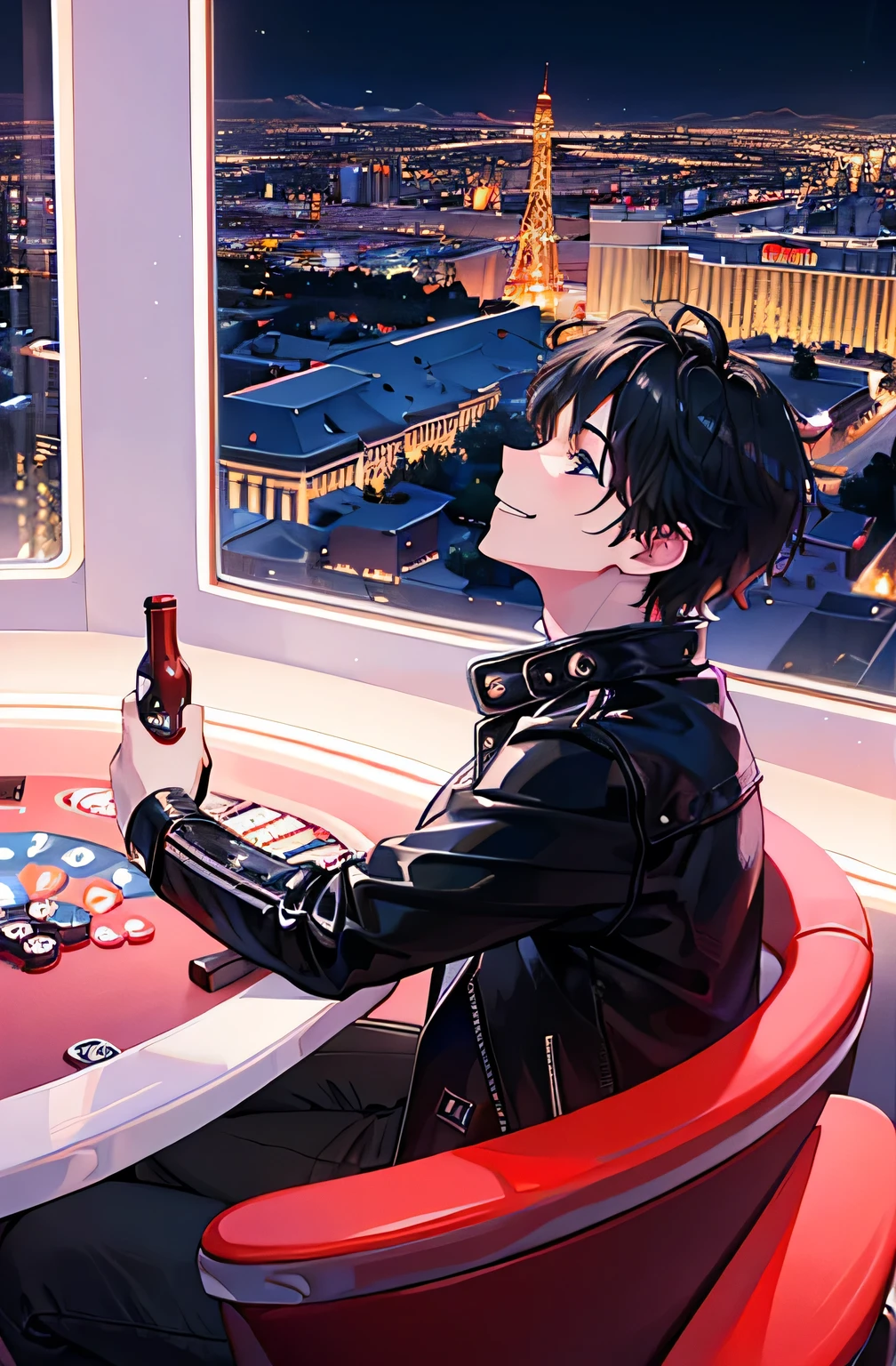 Best image quality、Young man looking up at a huge casino、night、、Beautiful views、Las Vegas、neon、profile、A huge casino town in the background、Wearing a black leather jacket、Black Hair、1 male、Happy face、I&#39;ve got a bag full of money、A lot of dollars