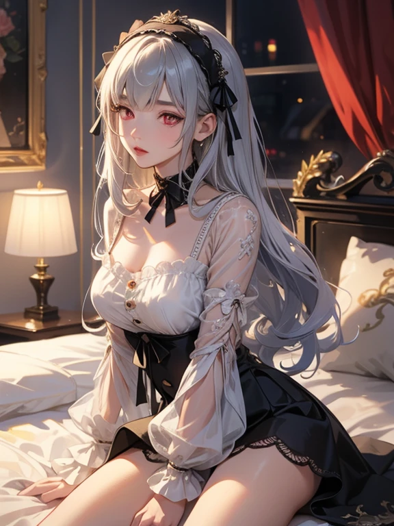 masterpiece, highest quality, Very detailed, 16k, Ultra-high resolution, Cowboy Shot, One , Detailed face, Perfect Fingers, Mercury lamp, Red eyes, Long Hair, Gray Hair, Floral Hair Ornament, Long sleeve, Gothic Headband, ribbon, White lace panties, classical European style bedroom, bed, Lying on your back, sleep