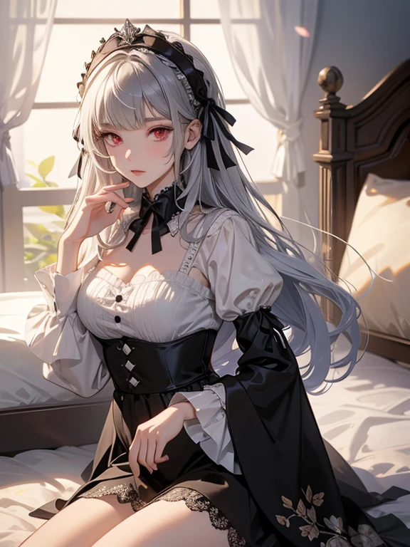 masterpiece, highest quality, Very detailed, 16k, Ultra-high resolution, Cowboy Shot, One ****************, Detailed face, Perfect Fingers, Mercury lamp, Red eyes, Long Hair, Gray Hair, Floral Hair Ornament, Long sleeve, Gothic Headband, ribbon, White lace panties, classical European style bedroom, bed,  Lying on your back, sleep