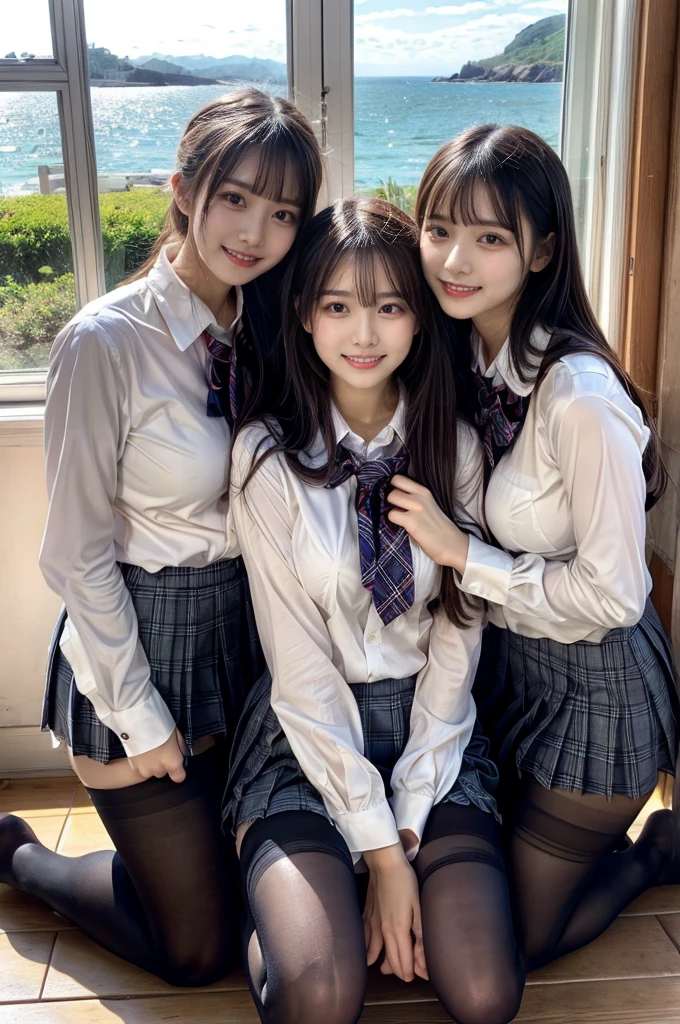 (Highschool girls inside suite room:1.4, , cute faces:1.5, triangular face, sitting on gorgeous bed), looking at viewer, ((embarrassed:1.3, smile:1.1)), shy smile, open mouth, silky skins, natural makeup, glossy lips, group shot, (sexual suggestive:0.7), (identical school uniform:1.5, white shirt open chest, see through , both hand on breast:1.24), (naked :0.2), (3 girls:1, perfect style, full body), ((slender body)), (pleated plaid skirt, show panties), (raw photo:1.4),(( legs wide open, ribbons, pantyhose:1.2)), (gentle light, 16k wallpaper, raw photo, idol), BIBE, (wide window with ocean scenery, expensive furniture:1.3, sheets on floor:1.4, flowers in planter)