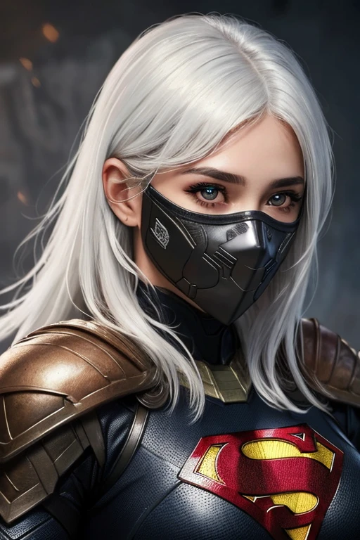 ((best quality)), ((masterpiece)), (detailed), perfect face, female, White hair, perfect eyes, perfect pupils, expressive eyes, perfect pupils, Covered her mouth , black leather armor suit, Confident, Superheroine, intricately detailed, insanely detailed faces, impressive physique , mysterious , 4k