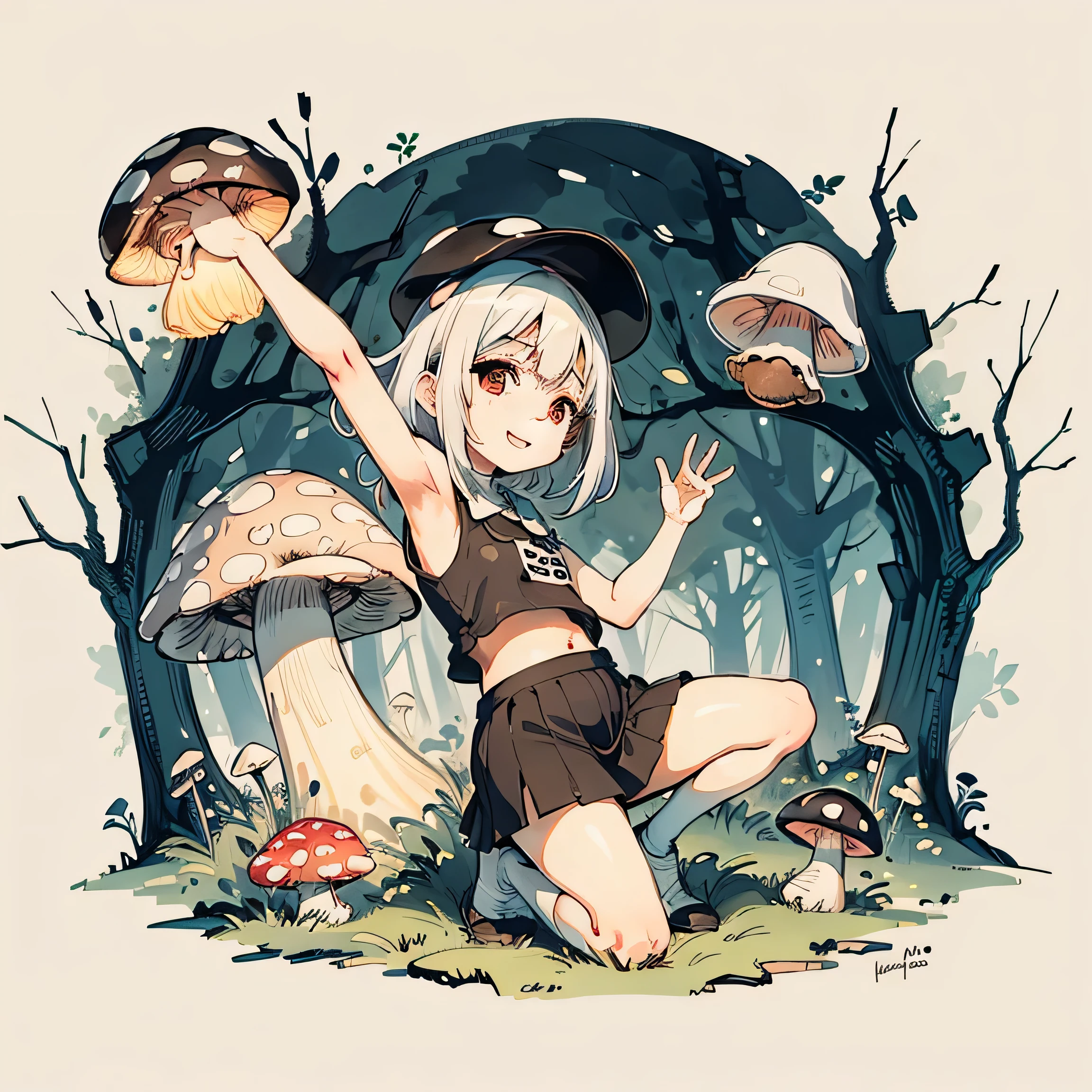 Simple picture, mushroom and girls, Chibi, cute, Big smile, Dark Room, Glowing Mushroom, mushroom + mushroom + mushroom + mushroom + mushroom, mushroom on the head, mushroom grow on the body，From the side From the side，Dancing，Watercolor illustration, Perfect Anatomy, masterpiece, highest quality, One girl, ,， alone, (Short white hair:1.2),nature, landscape