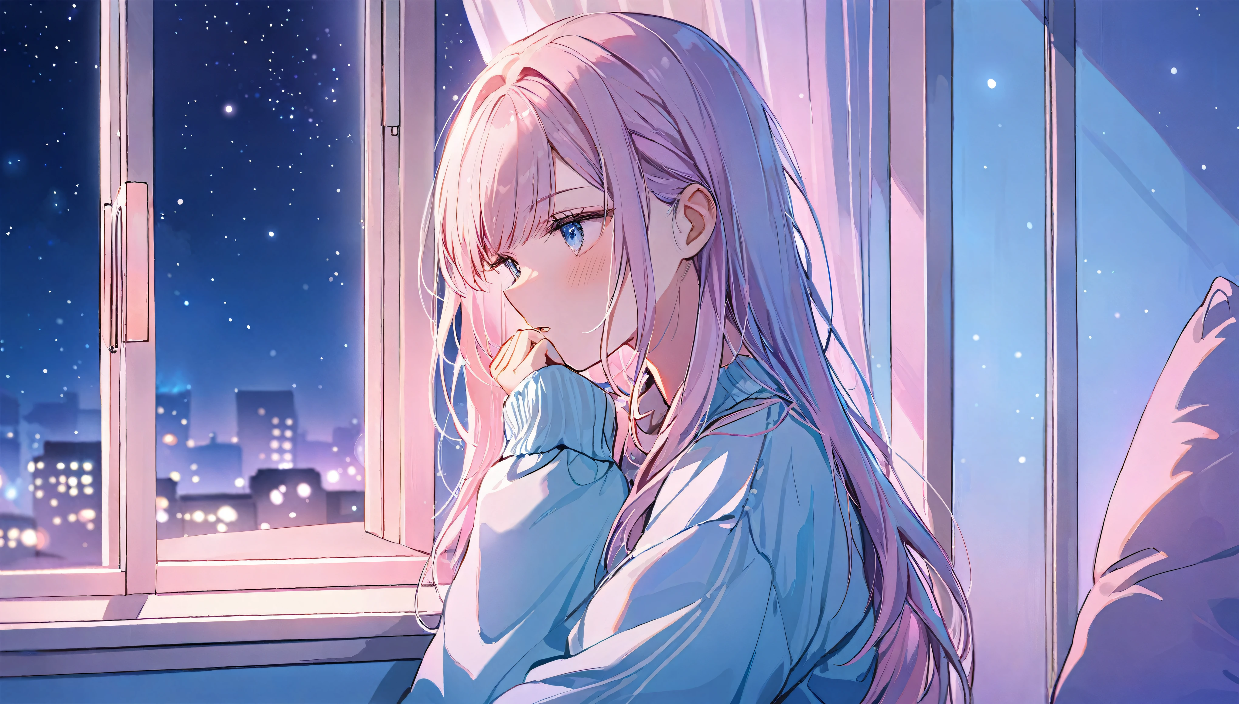 pretty girl, (((praise))), cosy night, Pastel colored hair,masterpiece,Dim lighting, Looking out the window, soft colorful lighting, at night, Long Hair, soft aesthetic, Pastel Pink+Blue Theme, Modern interior with attention to detail, Window, Casual clothing, Anna Dittmann and Alena Aenami&#39;s style, Dynamic Angle (Dreamy illustration:1.2) (Calm and peaceful:1.3) (soft, Calm colors:1.2) (Gentle lighting:1.2) (quiet night:1.1)