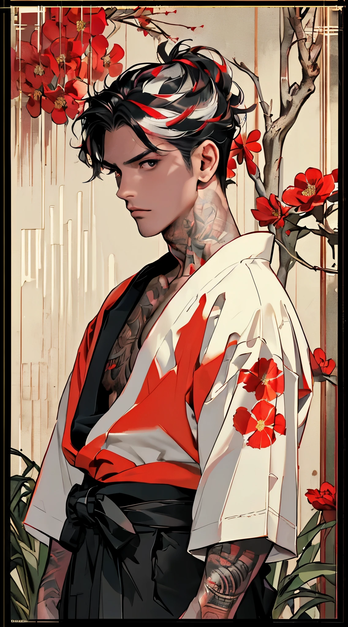 (((8K, RAW photos, Best quality, masterpiece: 1.4))), (((hakama, shirtless, covered in flower tattoos))), Ultra-high resolution, ultra-detailed, lamplight, Close-up cleavage, Handsome men, red eyes, (Detailed eyes, The eyes are bright:1.2), Black long hair, pale-skinned, Black clothes, Meticulous clothes, red and white intricate details on clothes, black and red ink in background, (perfect anatomia:1.2), Highqualityshadow,  natural lighting, (White highlights:1.2)