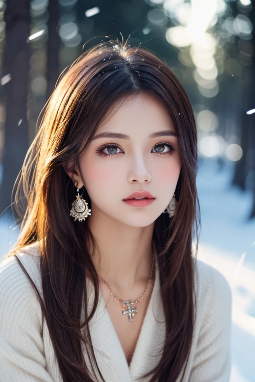 ((masterpiece)), ((highest quality)), (Super detailed), ((cute)), cute, (Lovely), ((sexy)), (device), ((Very detailed)), 4K, (8k), highest quality, (beautiful), figure, Dynamic Angle, In the middle, Cross your arms, city, forest, evening, winter, Beautiful woman, alone, Sacred clothing, beautiful blue hair, beautiful brown eyes, ((beautiful eyes)), Long Hair, lip, hair ornaments, Earrings, necklace, blush, Lens flare, Snow effect, Shiny