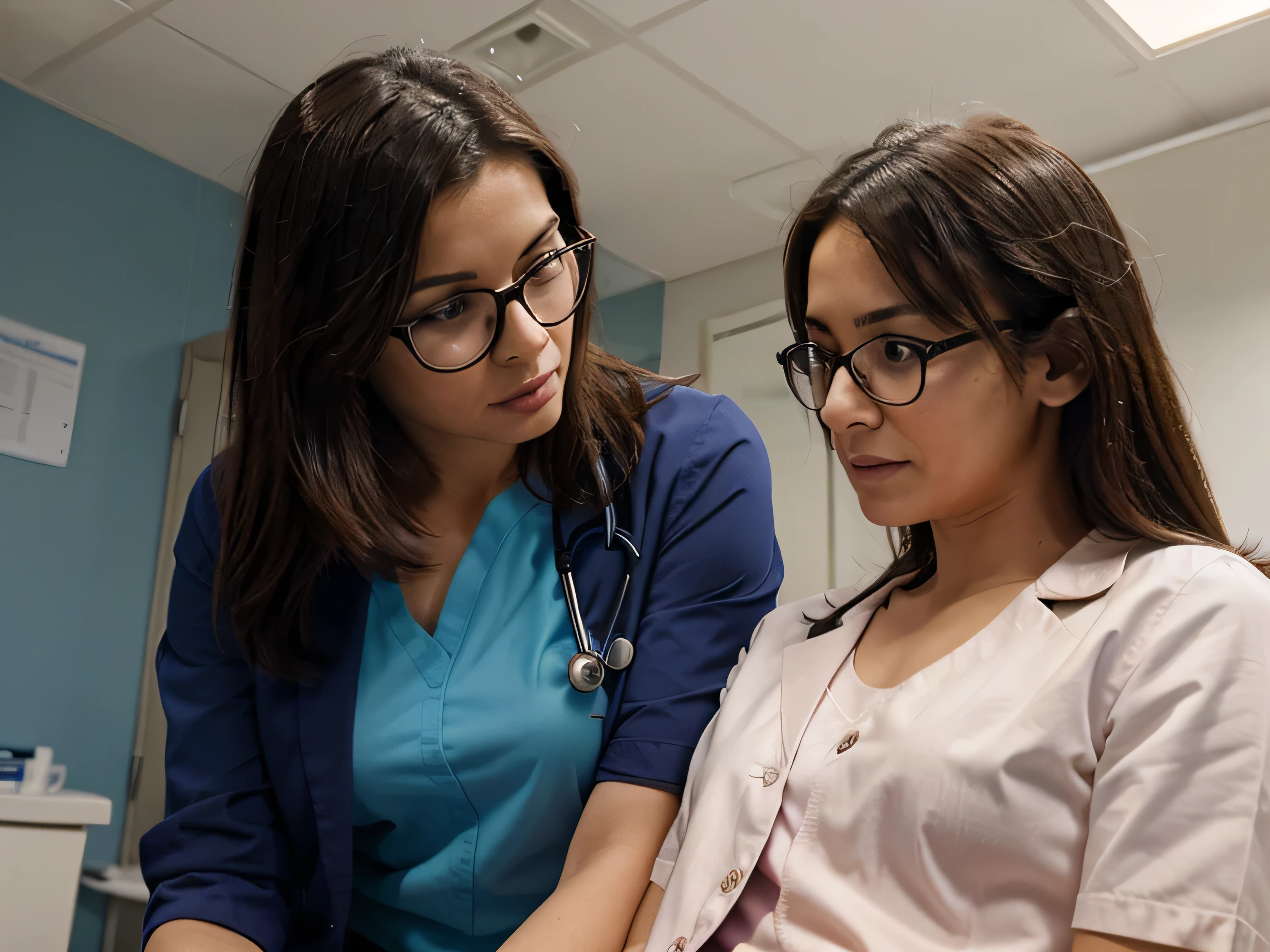 A beautiful female doctor wearing glasses is educating a patient in the examination room. examination room background