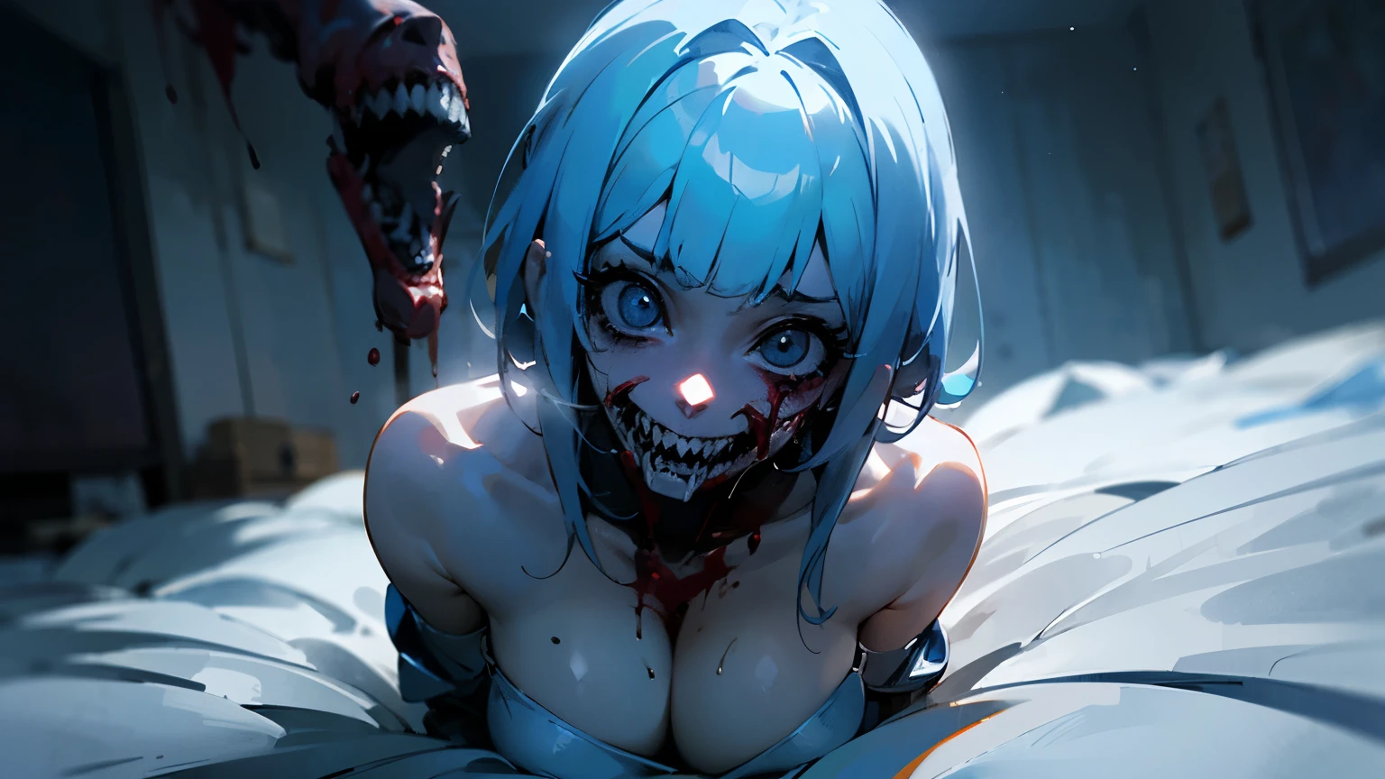 NSFW, High quality, masterpiece, best quality, 1 girl, supine, kneeling, pale skin, messy hair, red eyes, glowing eyes, creepy, creepy smile, crazy expression, blood on face, blood on body, ((naked)), creepy, scary, blood, horror, light particles, night, iron bracelets with chains