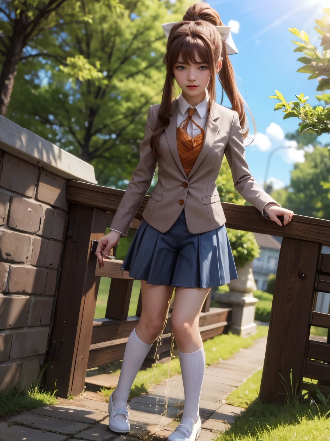 masterpiece, best quality, high resolution, extremely detailed, realistic, detailed background, cinematic lighting, 1girl, looking at viewer, monika, green eyes, brown hair, very long hair, ponytail, hair ribbon, white ribbon, ,blazer, brown sweater, collared shirt, neck ribbon, blue skirt,  long socks, high heels, standing, fullbody, outdoor, park, day, sunlight, peeing, peeing self, urine, pee stream, puddle of pee, pee stain, yellow pee