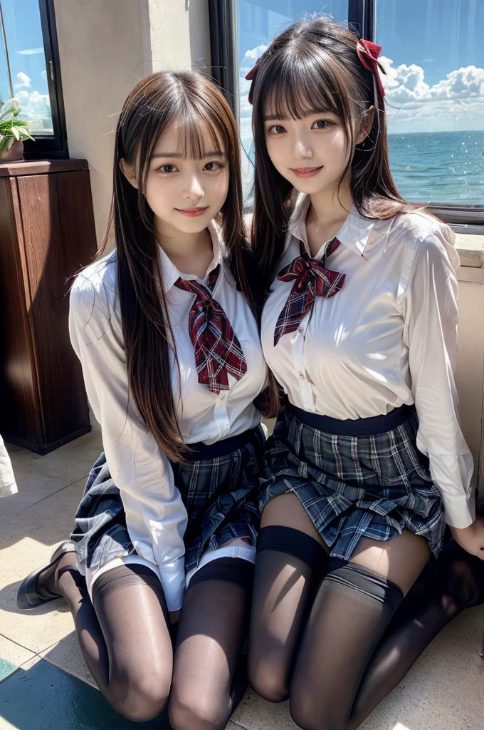 (Highschool girls inside suite room:1.4, , cute faces:1.5, triangular face, sitting on gorgeous bed), looking at viewer, ((embarrassed:1.3, smile:1.1)), shy smile, open mouth, silky skins, natural makeup, glossy lips, group shot, (sexual suggestive:0.7), (identical school uniform:1.5, white shirt open chest, see through , both hand on breast:1.24), (naked :0.2), (3 girls:1, perfect style, full body), ((slender body)), (pleated plaid skirt, show panties), (raw photo:1.4),(( legs wide open, ribbons, pantyhose:1.2)), (gentle light, 16k wallpaper, raw photo, idol), BIBE, (wide window with ocean scenery, expensive furniture:1.3, sheets on floor:1.4, flowers in planter)