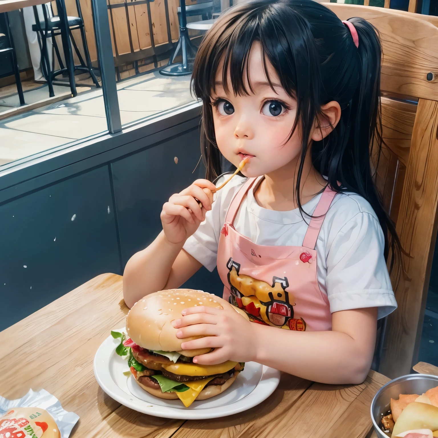 A cute eating a hamburger,anime illustration,oil painting