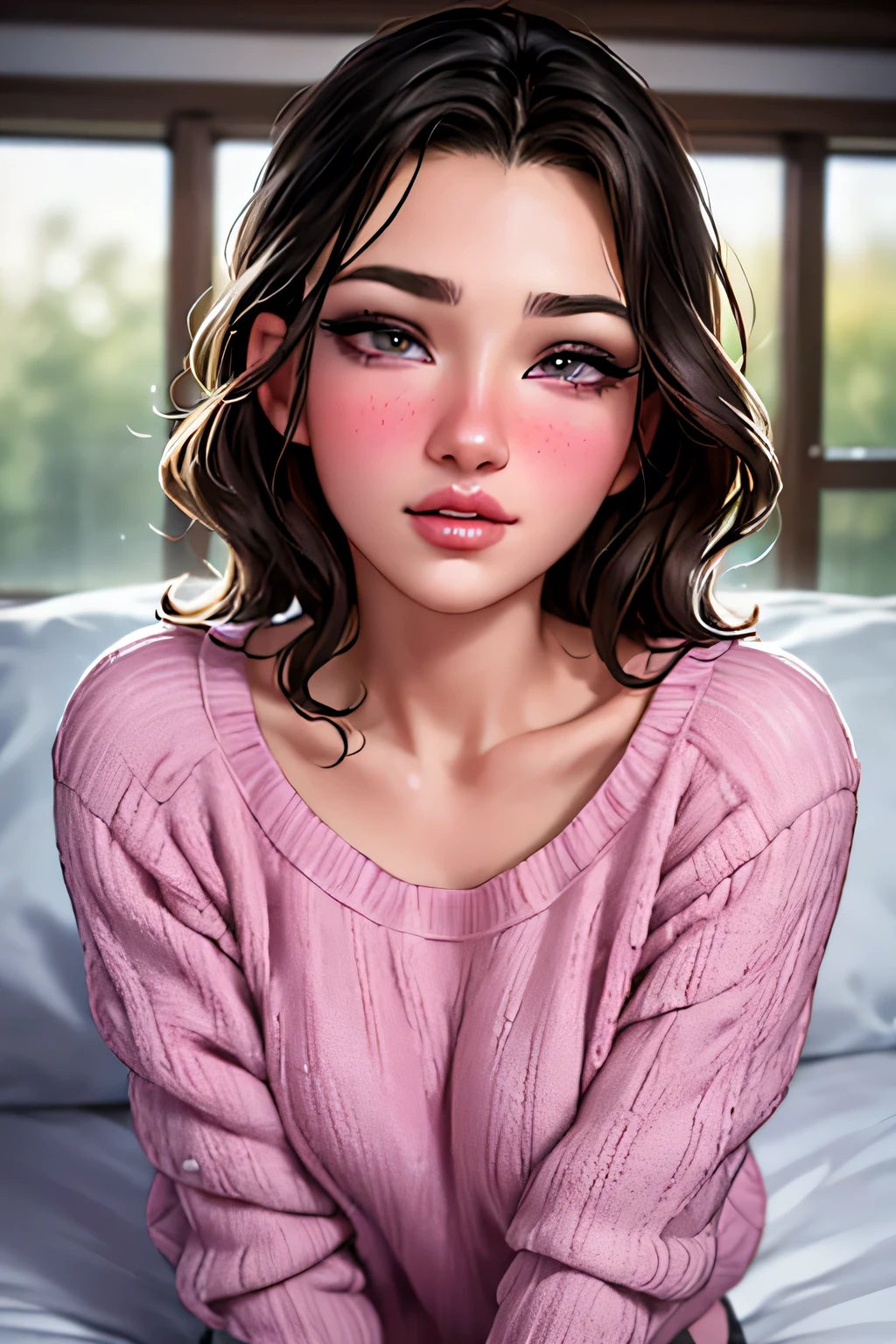 (best quality, ultra-detailed, realistic:1.37),beautiful detailed eyes,beautiful detailed lips,long eyelashes,perfectly styled hair,gorgeous makeup,sexy seductive gaze,intense blushing,sensual appearance,oversized sweater,natural light,window,beautiful face,bed,pillow,viewer.