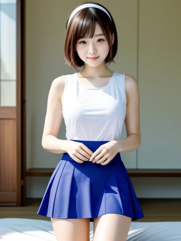 (((Small))),masterpiece, highest quality, High resolution, wallpaper, Realistic, Bright lighting, Professional Lighting, Face Light, Smooth lighting, Japanese Girls, ((Whole body 1.4)),Are standing, cute, smile, beautiful girl, gravure, sexy, so beautiful, Beautiful Skin, Beautiful and detailed、Detailed face、slim、Moderate, short hair, Blonde Hair, Brown Eyes, View your viewers,Tennis player costume,mini skirt,sit,Knees up,Panty Shot,Small,Bare legs,