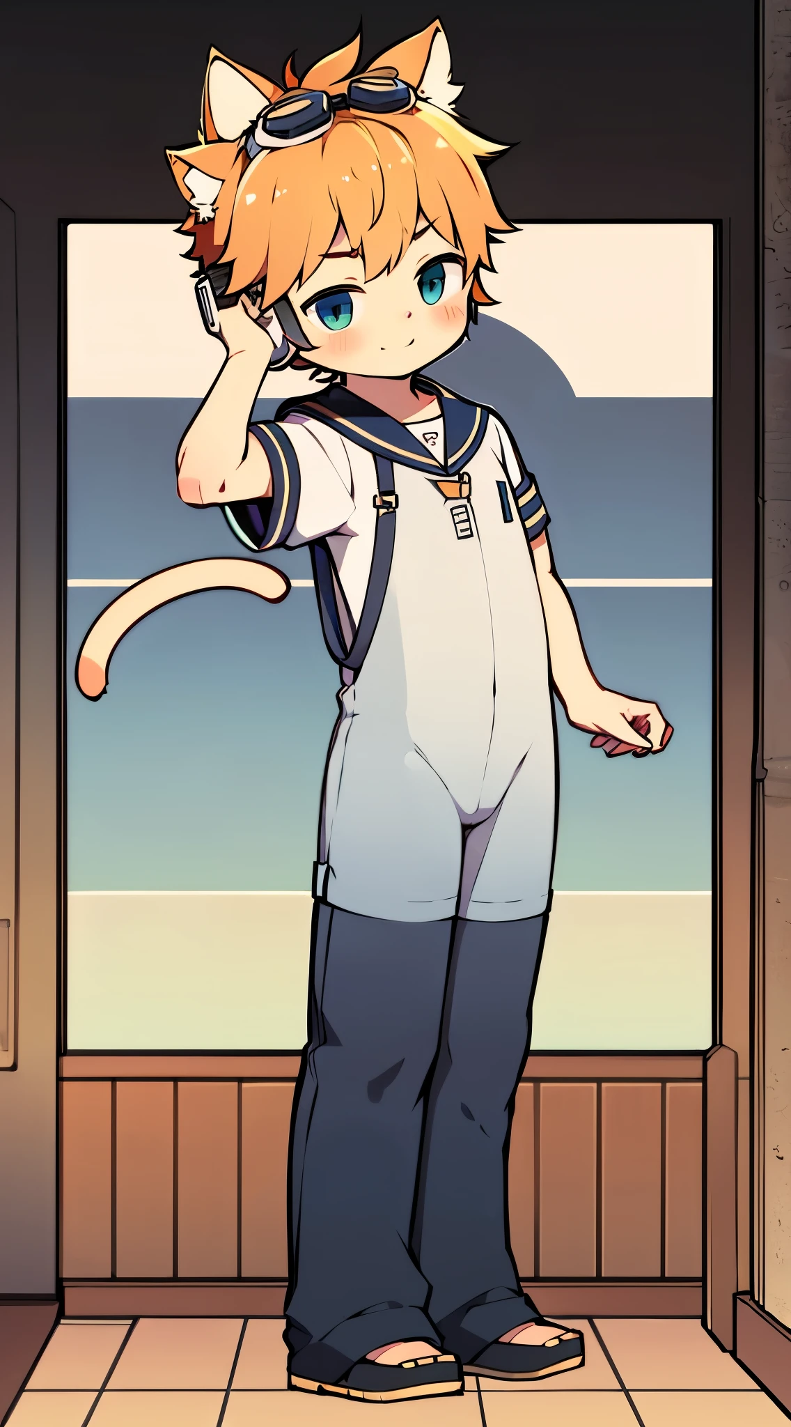 2D Boy Shota,Coverall,Slim, healthy body,Put the headphones on your head,stand up,goggles,Cat ear,happy,Sailor collar,Lovely,Love,Short sleeve