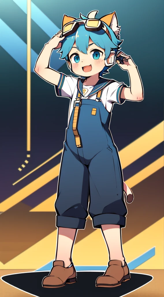 2D Boy Shota，Coverall，Slim, healthy body，Put the headphones on your head，stand up，goggles，Cat ear，happy，Sailor collar，Lovely，Love，Short sleeve