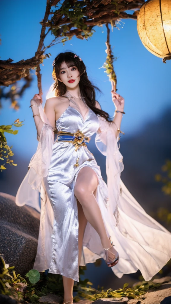 Yinzipin,China dress, ((Exposing shoulders)), ((whole body)), Actual, Stylish girl, Red lips, Adult, cosmetics, Big eyes, fair eyes, ((whole body)), ((From below)), (highest quality, masterpiece:1.2), Very detailed, (Actual:1.37), ((Sexy long legs)), fair, Young and energetic, Attractive model, Big Breasts, Split, very fair legs, panoramic long legs, (Beautiful Eyes, Delicate lips, extremely Beautiful Eyes), show a bright smile, Create attractive girl images, warm color, Very high color saturation, Official Art, Very detailedな CG 統合 8k 壁紙,(High Dynamic Range :1.4), (work),(pastel colour, The color is dull, Calm tone :1.3), (Natural skin texture, ultra-Actual, Soft Light, sharp),(Very detailed), night, moonlight, ((In the mountains, plant, leaning against a rock))