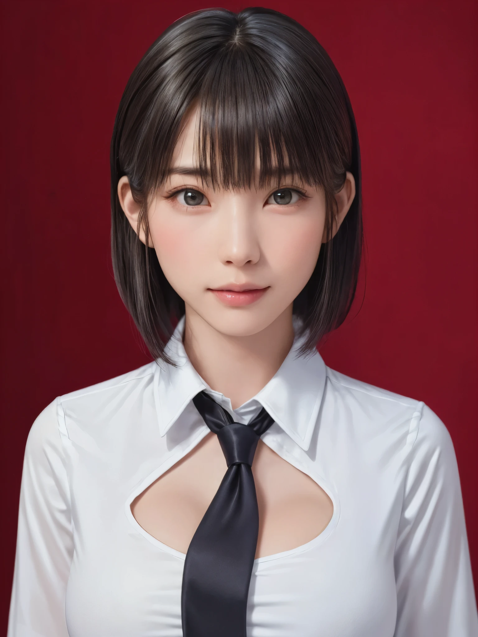 (masterpiece:1.3), (Realistic, RAW Photos, highest quality: 1.4), (One Girl), Beautiful Face, (超Realistic Face、シンメトリーのBeautiful Face), (Short black hair, short hair:1.6、bangs:1.3、Show off your beautiful ears), Beautiful hairstyle, (Realistic eyes), Beautiful details, Long eyelashes, (Realistic Skin), Beautiful Skin, [Big Breasts:1.3], {gigantic|big|huge|mega} breasts, cleavage、(Perfect body:1.3), (Detailed body:1.2), (tie), (Collared shirt, Pleated skirt:1.3), Absurd, charm, Ultra-high resolution, Ultra-realistic, Very detailed, Golden Ratio,Very cute beautiful woman、28 years old