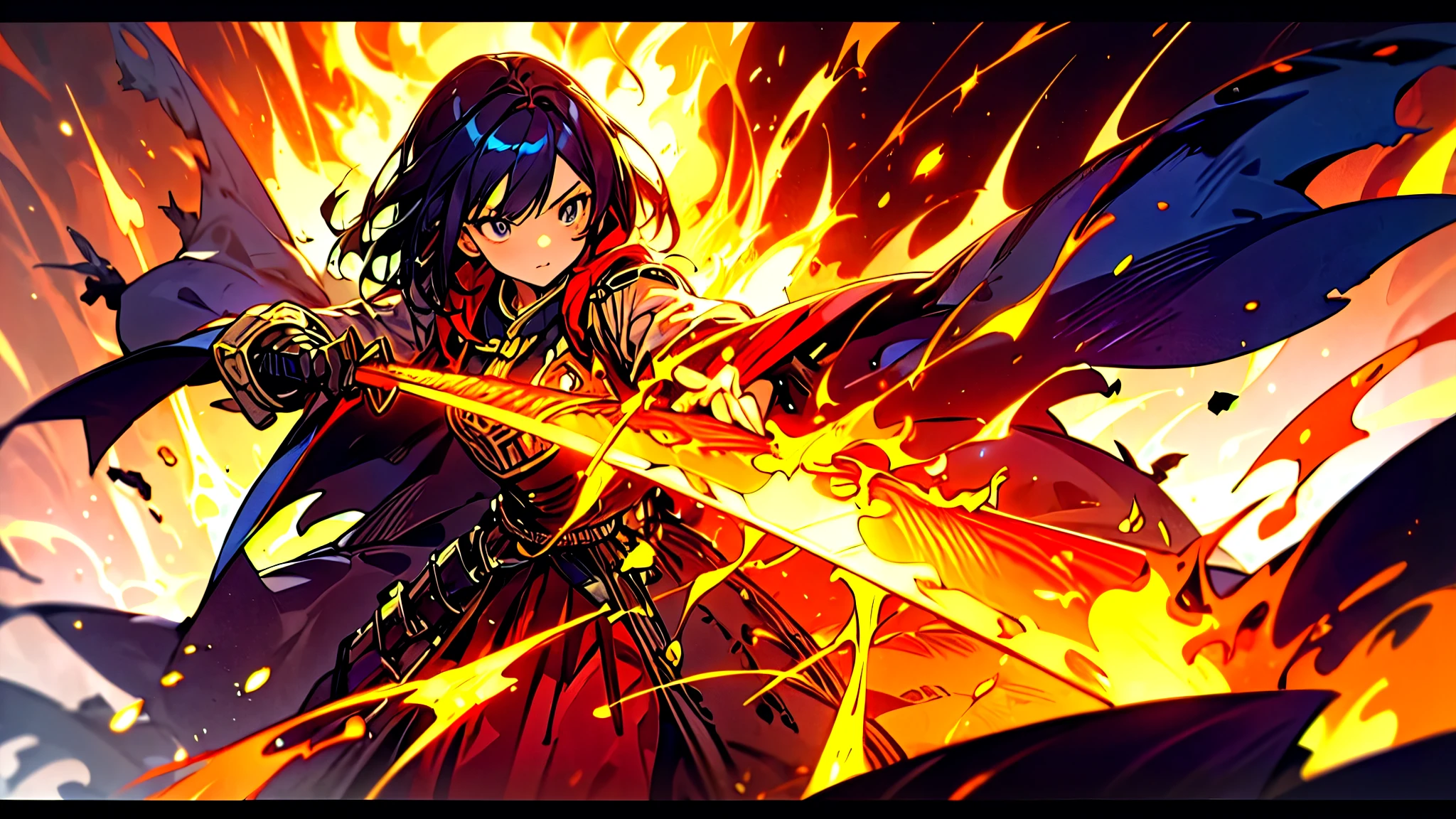 masterpiece、highest quality、High definition、anime、Medieval Europe、Fantasy、A female adventurer determined to face her enemies on the battlefield.、Background flames、Cut through the flames with a sword、High tension and dramatic atmosphere、Vibrant colors