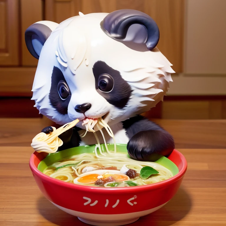 Cute baby panda eats noodle with chopstick