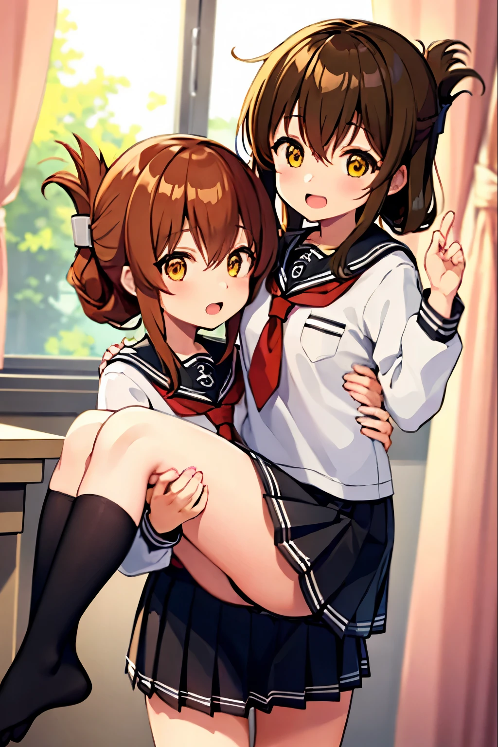 long hair, looking at viewer, blush, smile, open mouth, multiple girls, skirt, brown hair, shirt, long sleeves, 2girls, hair between eyes, brown eyes, , yellow eyes, white shirt, pleated skirt, serafuku, socks, indoors, black skirt, sailor collar, neckerchief, pillow, kneehighs, window, curtains, black socks, carrying, red neckerchief, black sailor collar, folded ponytail, anchor symbol, princess carry, inazuma \(kancolle\),