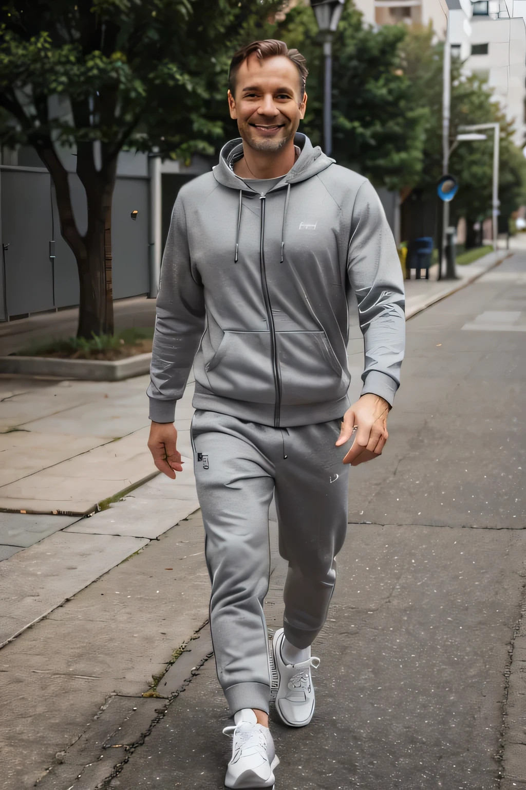 A smiling slim 40 years old caucasian man in a grey jogging costume and sneakers walking full height.