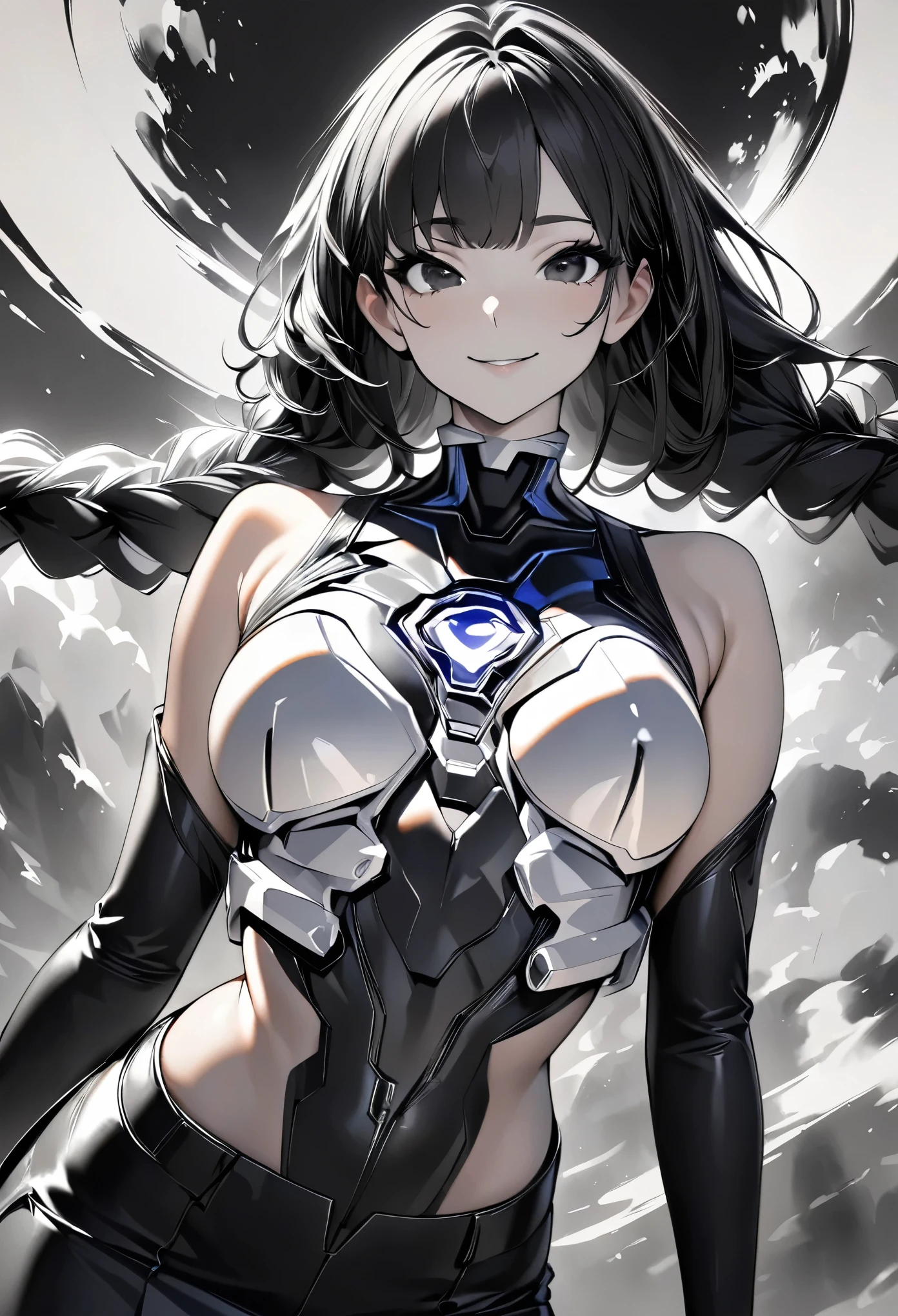 (highest quality:1.2, Very detailed, animeスタイル:1.37, anime, Black and White, Monochrome Art:1.4, masterpiece:1.2, highest quality, Best aesthetics), 1 Female, Cyber Suit, Separated sleeves, Bare shoulders, Black top, White breastplate, Energy disk on chest, Black Mini Skirt, (Belt connecting left and right sleeves:1.1), 黒に白色のアクセントが入ったCyber Suit, ((White Hair:1.4, Black inner color hair, Braided long hair, black and white hair accessories:1.2, Thick black bangs:1.1, Asymmetrical bangs)), Black Eyes, Double eyelids, Detailed face, Loose braid, smile:1.2, Indifference, kind, Face Up Shot. (((Black and White, Ink Painting, Monochrome Art)))