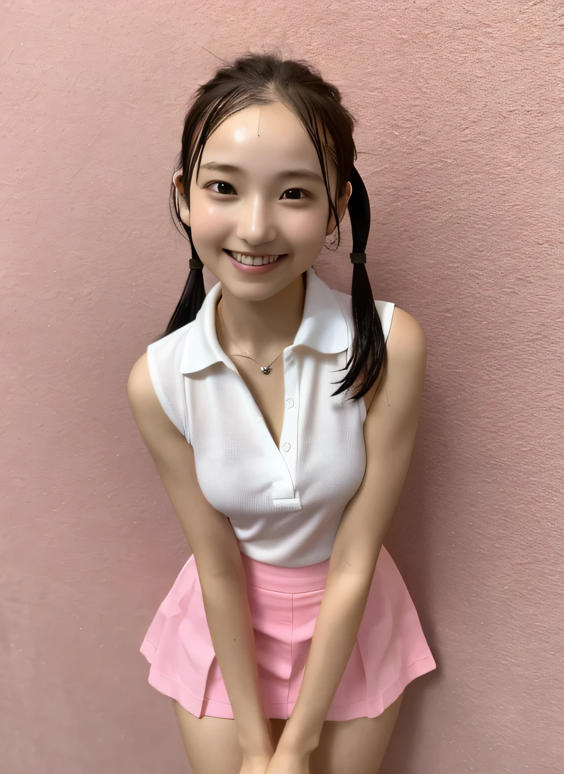 ((Ultra-high resolution)),8K,、Leaning forward to reveal cleavage、Small breasts, , Twin tails, Yellow mini skirt, Pink polo shirt、Small cleavage 2:1,Idol Sculpture, Wet, smile、Pink wall、sexy、slender、Shapely small breasts、I can see your thighs、