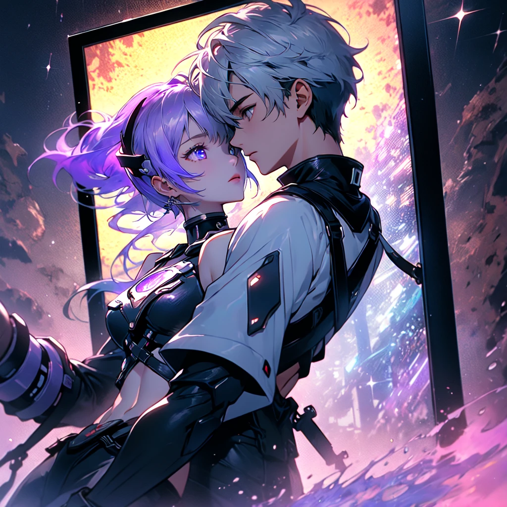 Disorganized、Man and woman couple、yinji,highest quality、Masterpiece、Official Art、The best light source、The best composition、Super detailed、super beautiful、16K、Super detailedな目、Wisteria trellis background、Picture Frame、Picture Frameに紫のLEDライト、indirect lighting、cyber punk未来の美少女、Long double braids、Purple hair color with milky white gradation inner color、Sparkling、A couple riding on a futuristic vehicle、Beautiful boy、A girl is riding behind the boy, holding his arm from behind、cyber punk、Overall purple light source、