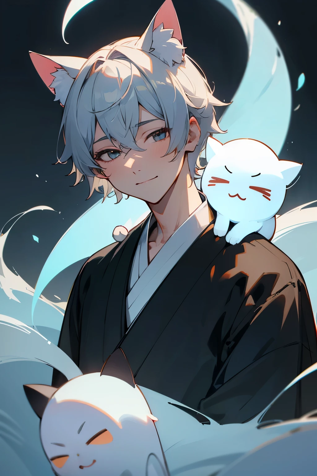 超High resolution, retina, masterpiece, Accurate, Anatomically correct, Rough skin, Very detailed, Advanced Details, high quality, Awards, 最high quality, High resolution, High resolution, 4K,(anime,8k,masterpiece, 最high quality, 最high quality,beautifully、beautiful:1.2,Professional Illustration:1.1,Very detailed:1.3,Perfect lighting),Very detailed,Most detailed,High resolution,boy, Ghost,Cat ear,Silver Hair,short hair,Wicked Smile,Upper Body,Urameshiya,kimono,yukata