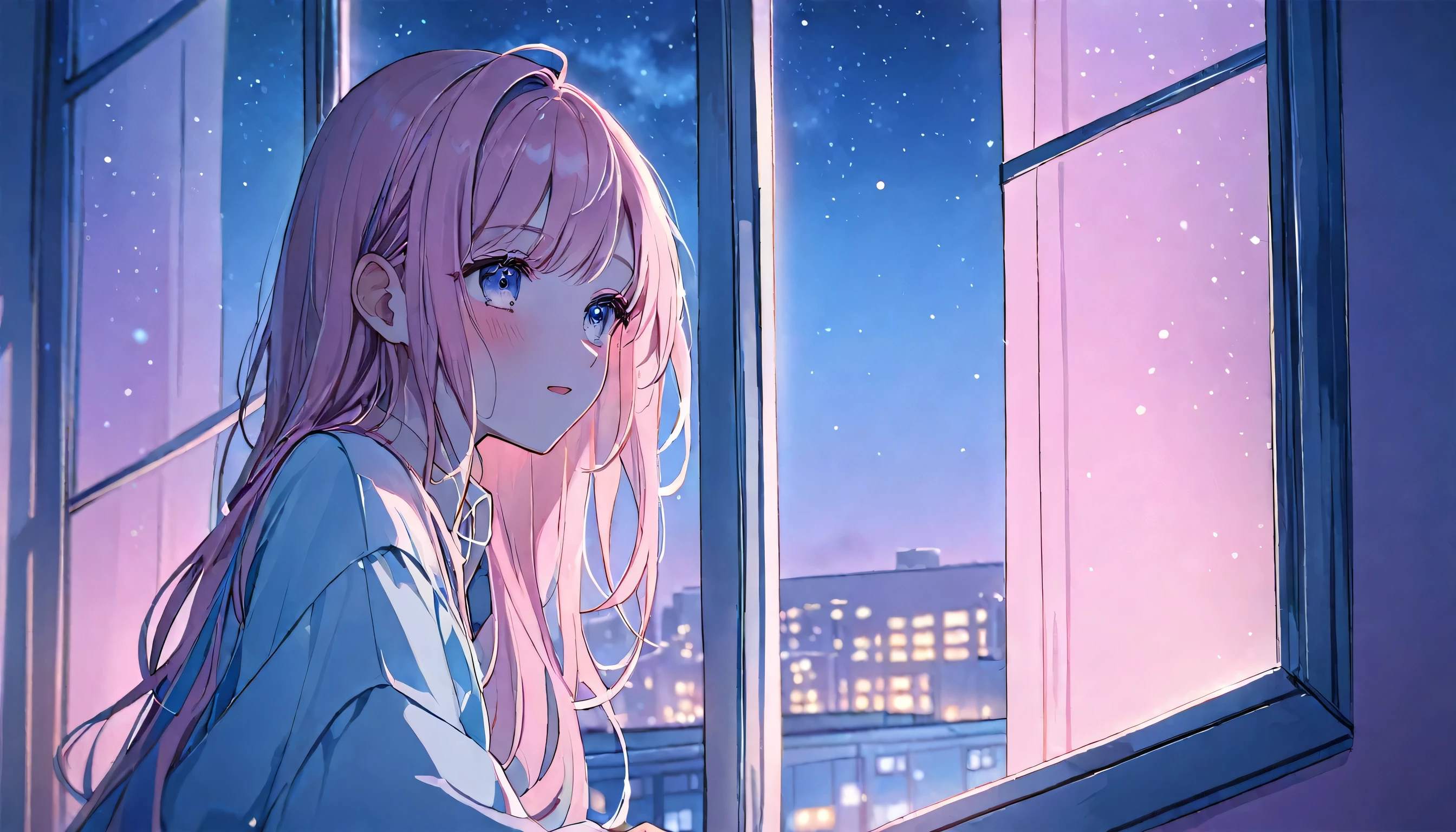 pretty girl, (((praise))), cosy night, Pastel colored hair,masterpiece,Dim lighting, Looking out the window, soft colorful lighting, at night, Long Hair, soft aesthetic, Pastel Pink+Blue Theme, Modern interior with attention to detail, Window, Casual clothing, Anna Dittmann and Alena Aenami's style, Dynamic Angle (Dreamy illustration:1.2) (Calm and peaceful:1.3) (soft, Calm colors:1.2) (Gentle lighting:1.2) (quiet night:1.1)