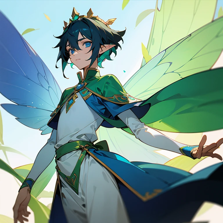 Male fairy with thin dragonfly-type insect wings, tall man, light complexion, slim build, sky blue eyes, short black hair, prince elf tunic in blue and green colors with leaf details, wearing a tiara on his head