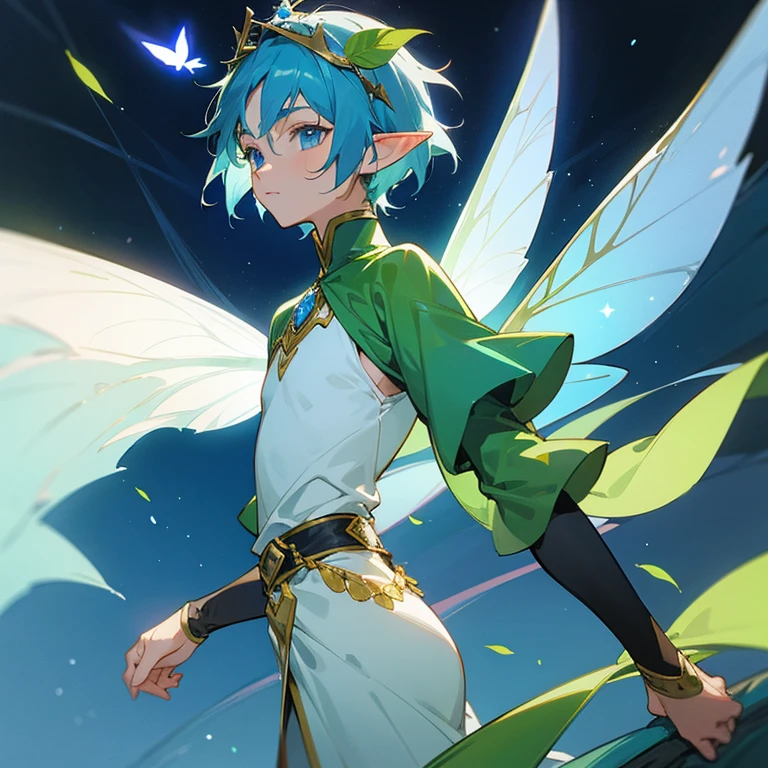 Male fairy with thin dragonfly-type insect wings, tall man, light complexion, slim build, sky blue eyes, short black hair, prince elf tunic in blue and green colors with leaf details, wearing a tiara on his head