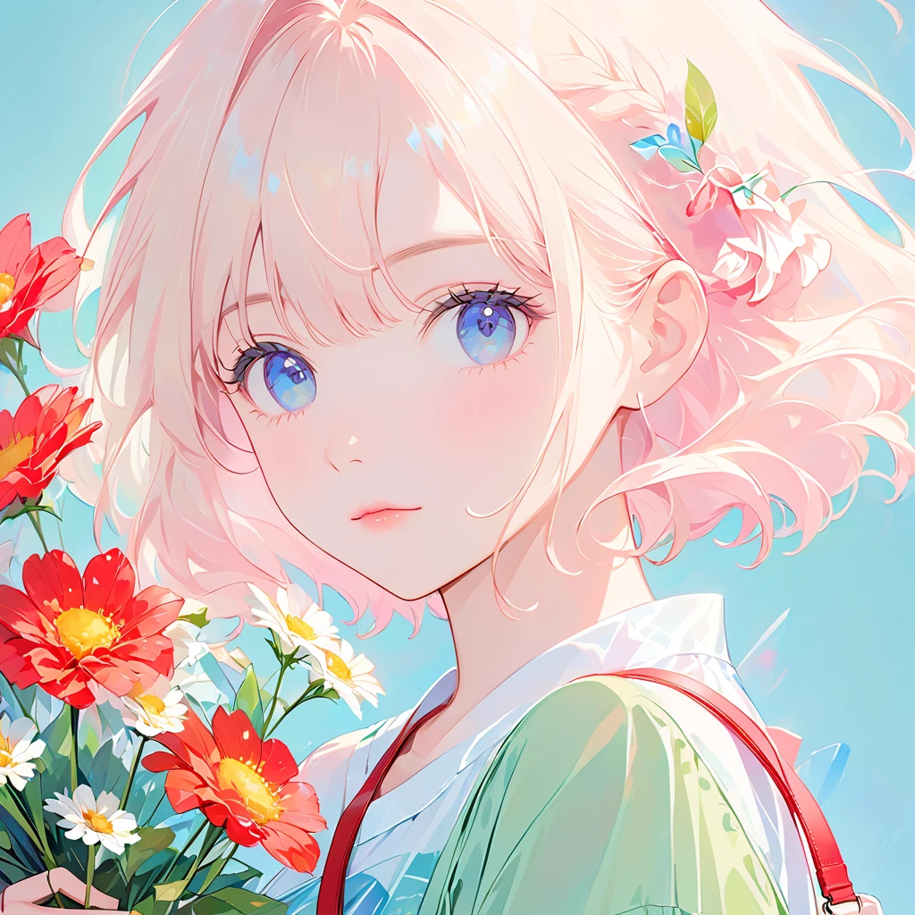Flat Illustration,Minimalism,geometry,Abstract Memphis,Anime Portrait,Close-up shot,holding a bouquet in her hand,Focus on the face, Wearing a light green shirt,Pink short skirt,Holding a flower in your hand,Light pink canvas bag(Shoulder strap),Long platinum blonde hair,lane blue background,Style Expression,celluloid