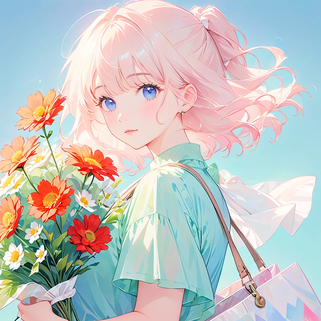 Flat Illustration，Minimalism，geometry，Abstract Memphis，Anime Portrait，Close-up shot，holding a bouquet in her hand，Focus on the face， Wearing a light green shirt，Pink short skirt，Holding a flower in your hand，Light pink canvas bag（Shoulder strap），Long platinum blonde hair，lane blue background，Style Expression，celluloid