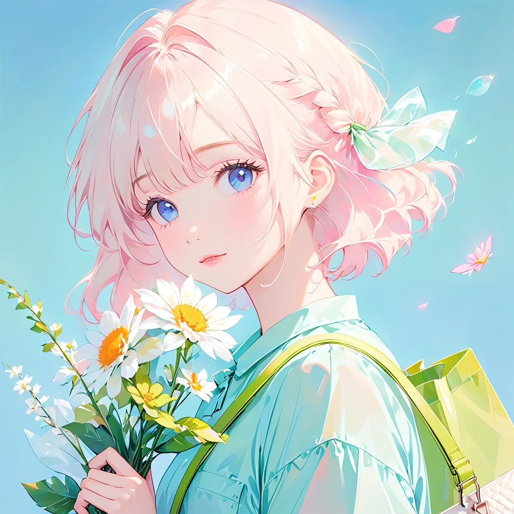 Flat Illustration，Minimalism，geometry，Abstract Memphis，Anime Portrait，Close-up shot，holding a bouquet in her hand，Focus on the face， Wearing a light green shirt，Pink short skirt，Holding a flower in your hand，Light pink canvas bag（Shoulder strap），Long platinum blonde hair，lane blue background，Style Expression，celluloid