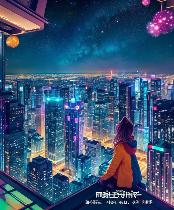 Music score playback、Colorful musical scores are played、Cute Girl Characters、 Night view from a high place、Drawing a large number of skyscrapers, Look up at the starry sky. Surround her with colorful nebulae and colorful metropolises.