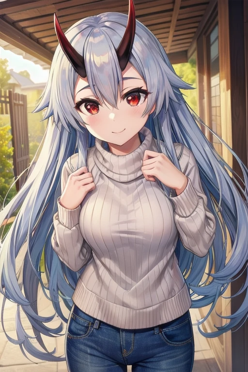 Masterpiece, best quality, tomoe gozen, torino style, 1person, red eyes, cute smile, hair between eyes, silver hair, very long hair, oni horns, looking at viewer, sweater, jeans