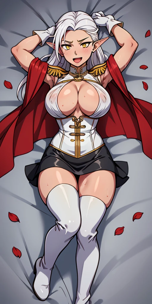 (((masterpiece,high resolution,best quality))), 1girl, solo,wine bottle,bare legs, large breasts, lying, on back, petals, looking at viewer, armpits, open mouth, solo, blush, wet clothes, heart, arms up, wet, bed sheet, origin, 1girl, red cape, boots, gloves, epaulettes, black corset, corset, black gloves, :d, black skirt, Pirotess, (yellow eyes), white hair, silver hair, very long hair, straight hair, solo, adult woman, tall, slightly muscular, large breasted, cleavage, constricted waist, Toned body, slight abs, thin dark skin, pointy ears, lipstick, makeup, black eyeshadow, circlet, white short dress, jewelry, bracelet, white gloves, thigh boots