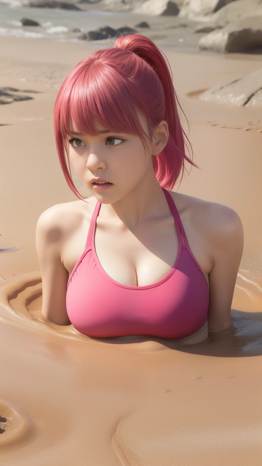 1girl, natural lighting, masterpiece, highly detailed, illustration, game CG, absurdres, high quality, aichan, large breasts, beautiful detailed eyes, short bright pink hair, ponytail, bangs, upset, scared, frilly two piece swimsuit, collarbone, beach, (quicksand:1.2)