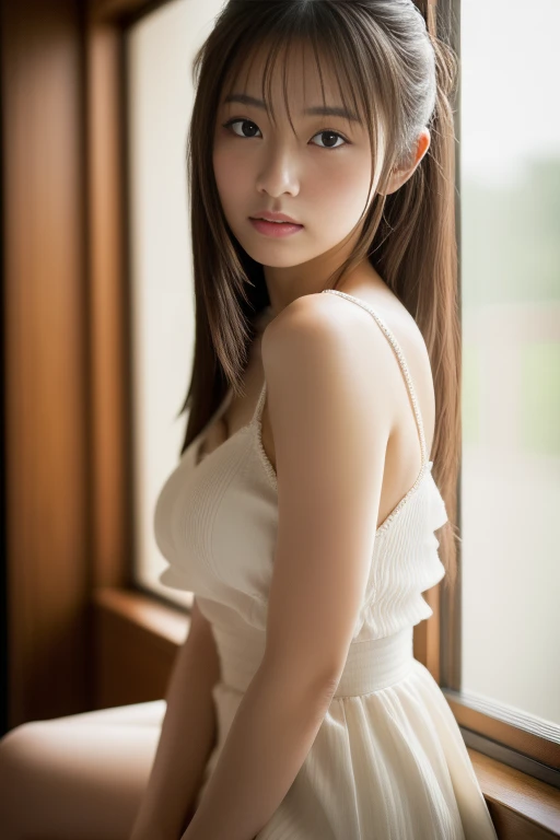 (masterpiece、16k image、high resolution、highest quality)、solo、One Girl、(Japanese Girls' High School Sailor Uniform,perfection)、(Perfect Anatomy,Beautiful body、Healthy Body、Beautiful Skin)、sunny day、Black-haired、ponytail、black eye、On the way home、Small Tits:1.5、School zone、artistic.、Beautiful woman、Beautiful Body、smile、Age 22