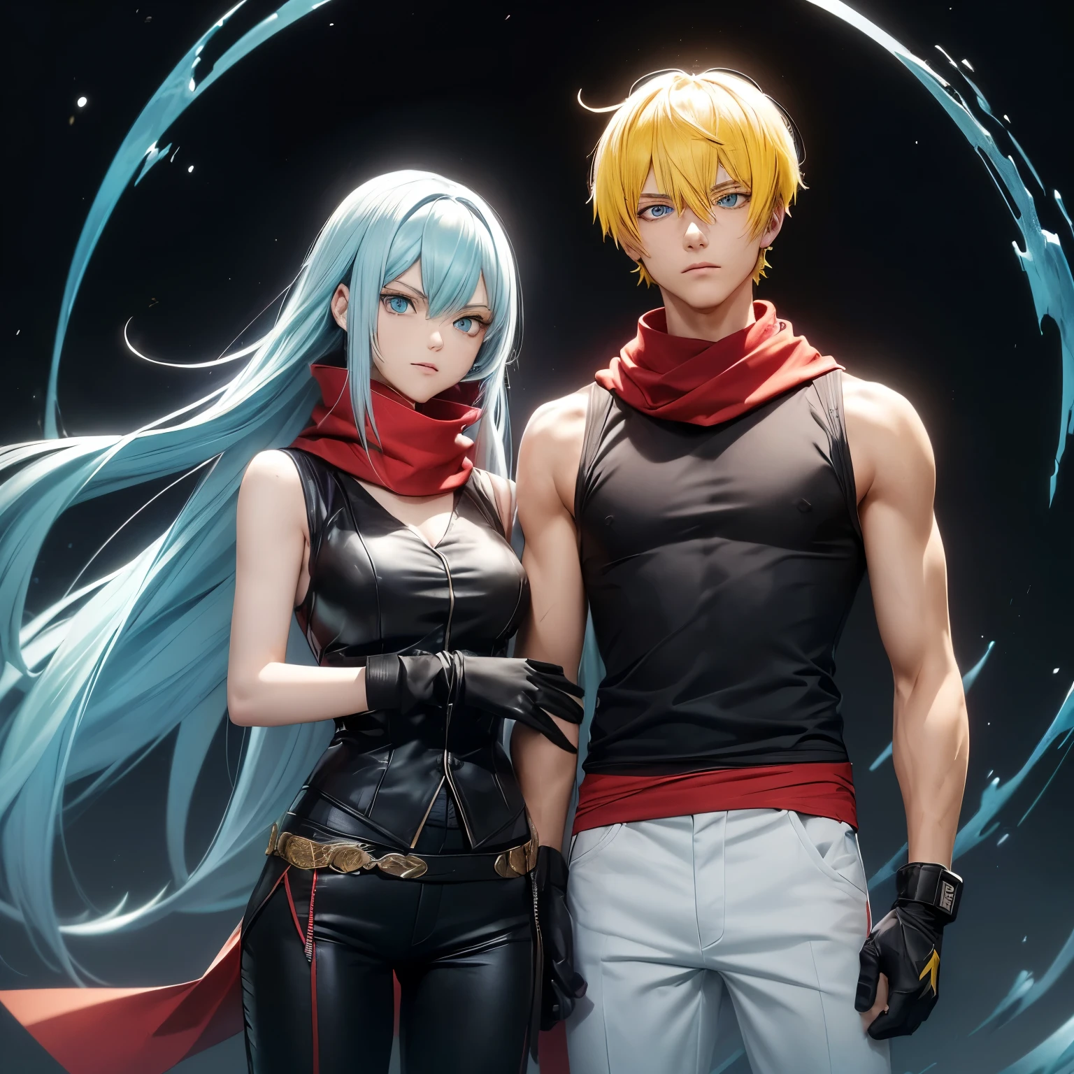 ((Couple)), ((26 years old, male with Yellow hair, Aqua Blue eyes)), ((26 Years Old,female with Black  long Hair, Hime Cut, Bang, White eyes)),, red scarf, red Racing vest, sleeveless, black pants, black gloves, slim, up to legs, intimidating aura