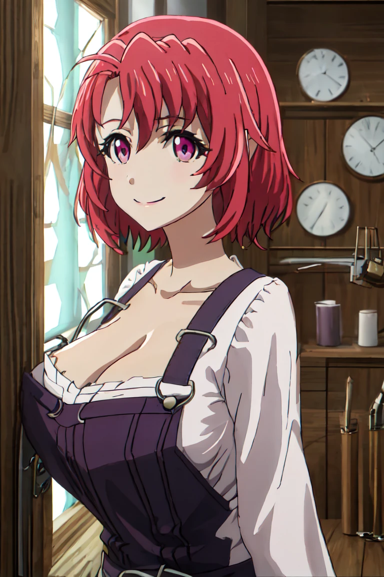 best quality, masterpiece, High resolution, Solitary, {dairy cow_girl_Goblin Slayer:1.15}, short_hair, Red_hair, pink_Eye, purple_Eye, clavicle, breast, 1girl, Japanese cartoons_dyeing, shirt, superior_Body, cleveage, close_Mouth, Watching_exist_Viewer, Moderate_breast, Work clothes, Smile, hair_between_Eye, White_shirt, Bangs