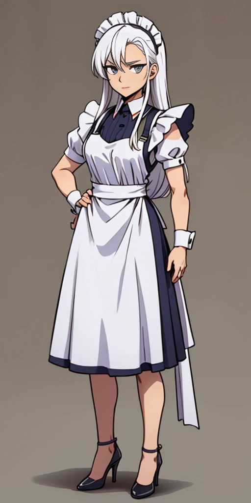 Female, standing, straight, long_hair, messy_hair, white_hair, maid with armor, metal high heels