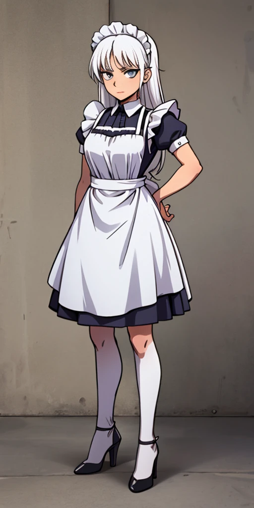Female, standing, straight, long_hair, messy_hair, white_hair, maid with armor, metal high heels