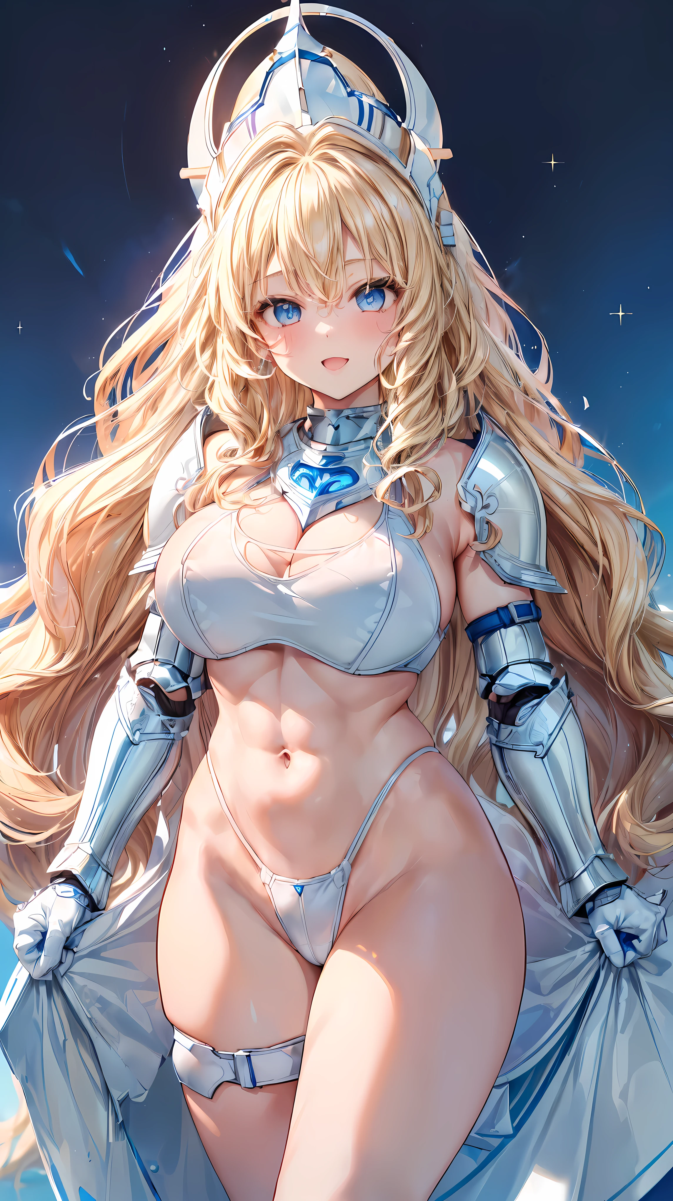 (Adult female:1.5)、Very detailed、highest quality、Best image quality、masterpiece、8k、Anime Face、A kind smile、(Open your mouth:1.3)、Sparkling blue eyes、(Blonde Wavy Hair:1.5)、Muscles of the whole body、(highleg:1.5)、Thigh belt、(Wearing white bikini armor:1.5)、(Cowboy Shot:1.5)、(foot armor:1.5)、(Put on a helmet:1.5)、(SFW Giant:1.3)