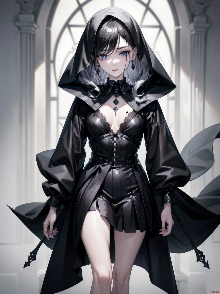 grim reaper, absurdres, RAW photo, extremely delicate and beautiful, masterpiece, Best Quality, ultra high resolution, 32k, hyperrealistic, ultra-detailed, detailed description, pale skin, 20 years old, tearful mole, earring, short medium hair, wavy hair, full body shot,
