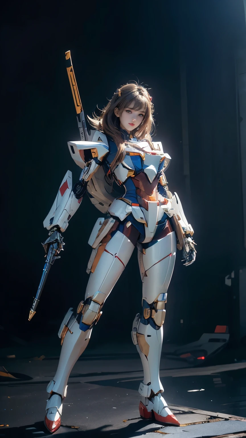 Textured skin, Super Detail, Attention to detail, high quality, high quality, High resolution, 1080p, hard disk, beautiful,(Gundam Girl),beautiful,Mecha Cyborg Girl,Battle Mode,Girl with a mechanical body,She wears a futuristic Gundam mecha,Full Body Shot