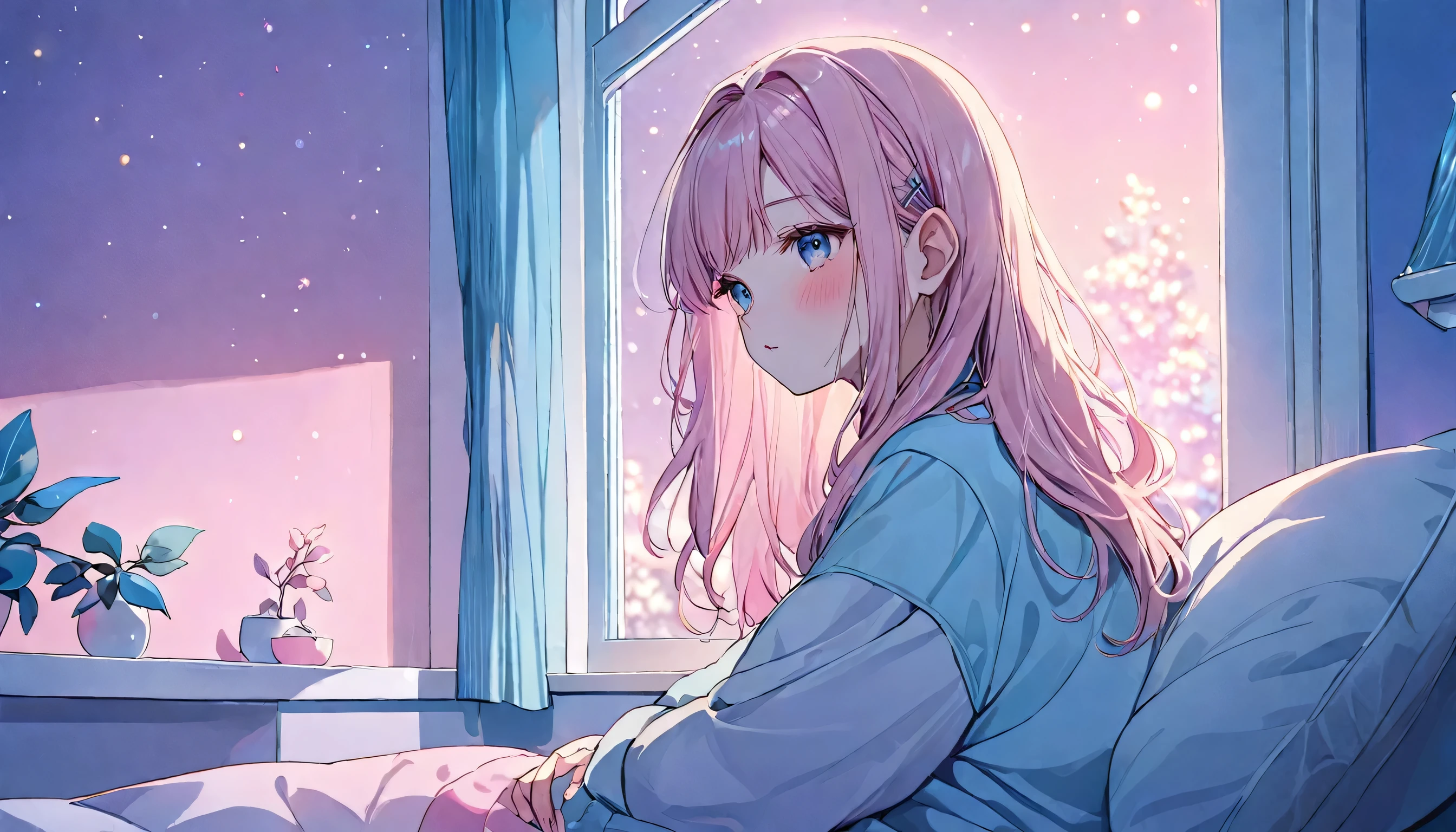pretty girl, (((praise))), cosy night, Pastel colored hair,masterpiece,Dim lighting, Looking out the window, soft colorful lighting, at night, Long Hair, soft aesthetic, Pastel Pink+Blue Theme, Modern interior with attention to detail, Window, Casual clothing, Anna Dittmann and Alena Aenami's style, Dynamic Angle (Dreamy illustration:1.2) (Calm and peaceful:1.3) (soft, Calm colors:1.2) (Gentle lighting:1.2) (quiet night:1.1), Pop and cute, Are crying