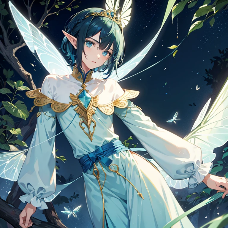 Male fairy with thin dragonfly-type insect wings, tall man, light complexion, slim build, sky blue eyes, short black hair, prince elf tunic in blue and green colors with leaf details, wearing a tiara on his head