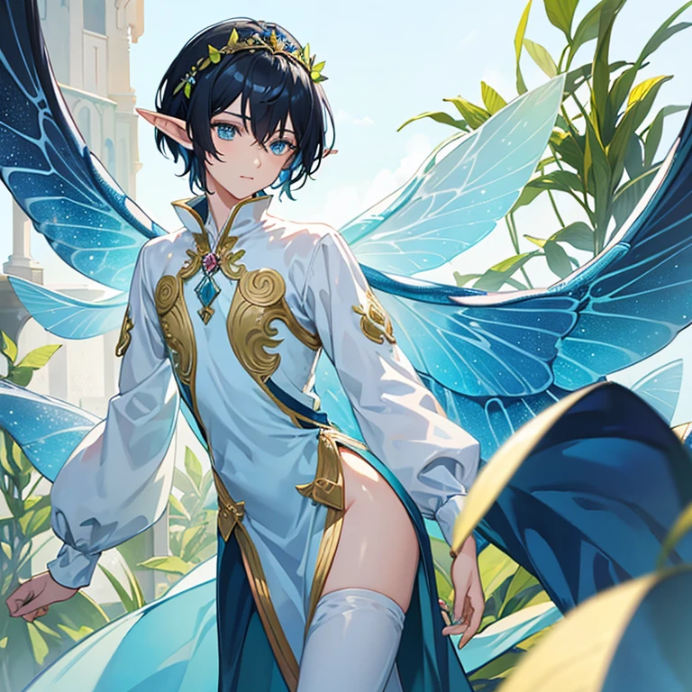 Male fairy with thin dragonfly-type insect wings, tall man, light complexion, slim build, sky blue eyes, short black hair, prince elf tunic in blue and green colors with leaf details, wearing a tiara on his head