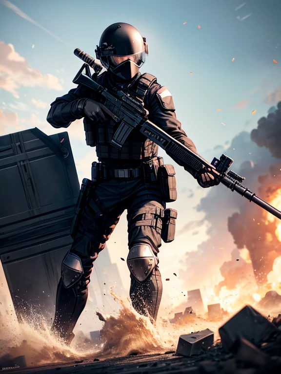 Black short hair boy have black swat helmet wearing black swat outfit holding riot shield and baton